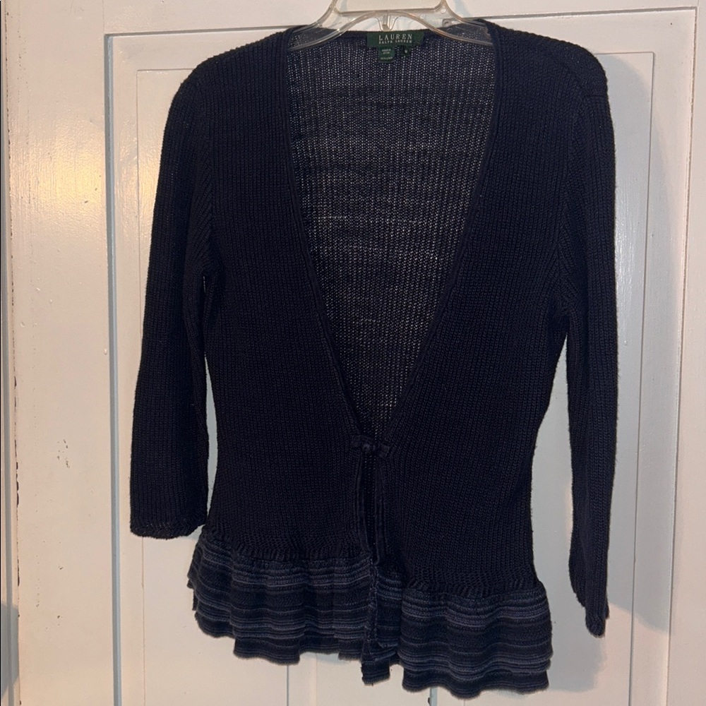 Lauren Ralph Lauren Women’s 1 Button Cardigan Sweater Blue Medium Tiered Hem